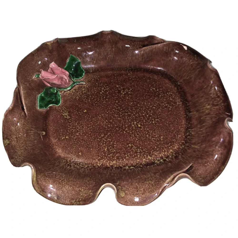 Vintage HAND THROWN POTTERY BOWL DISH APPLIED 3- D PINK ROSES